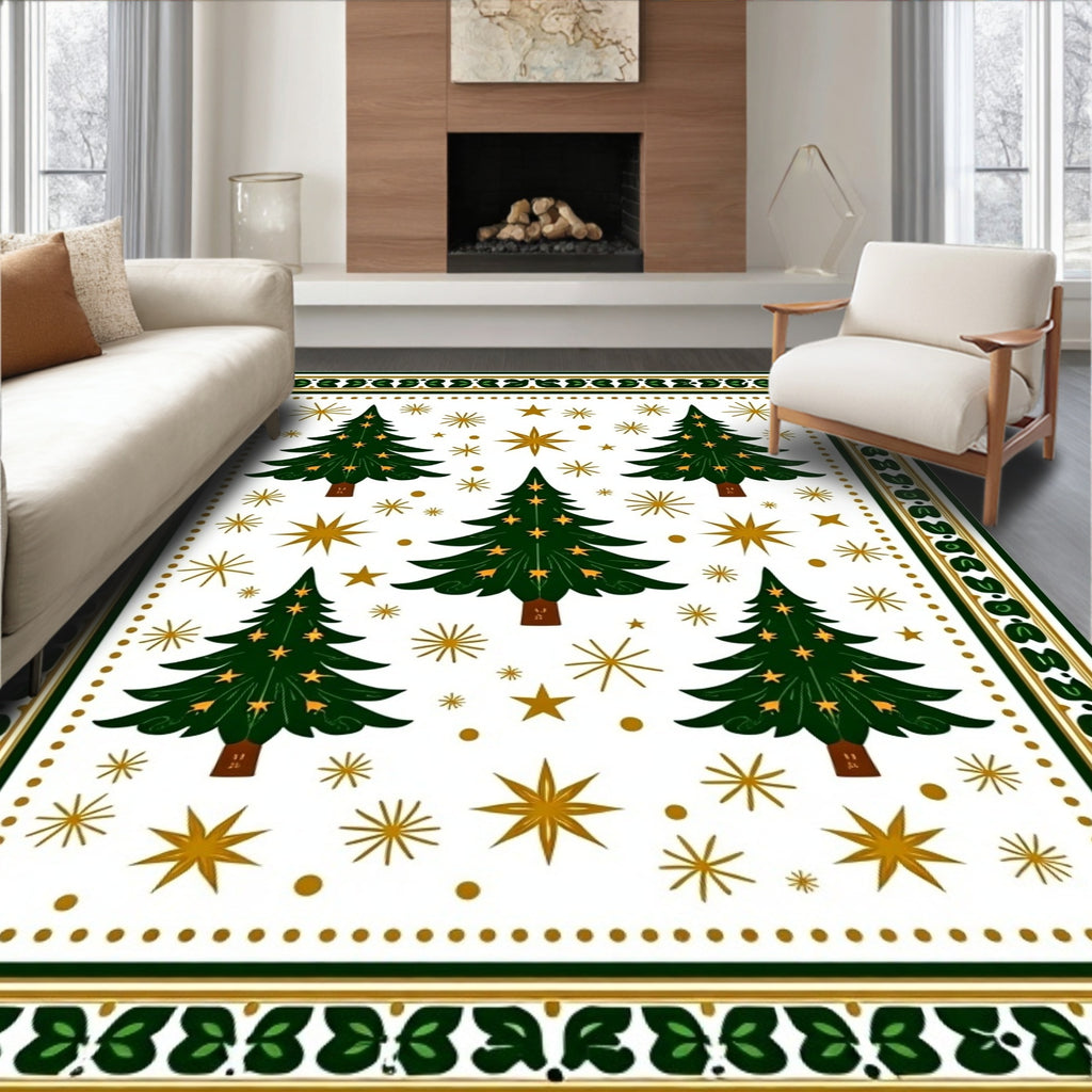 Festive Green Christmas Trees Gold Stars Rug