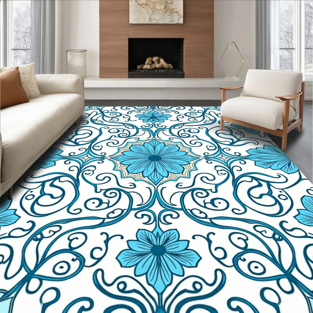 Blue Floral Swirls Pattern Rug