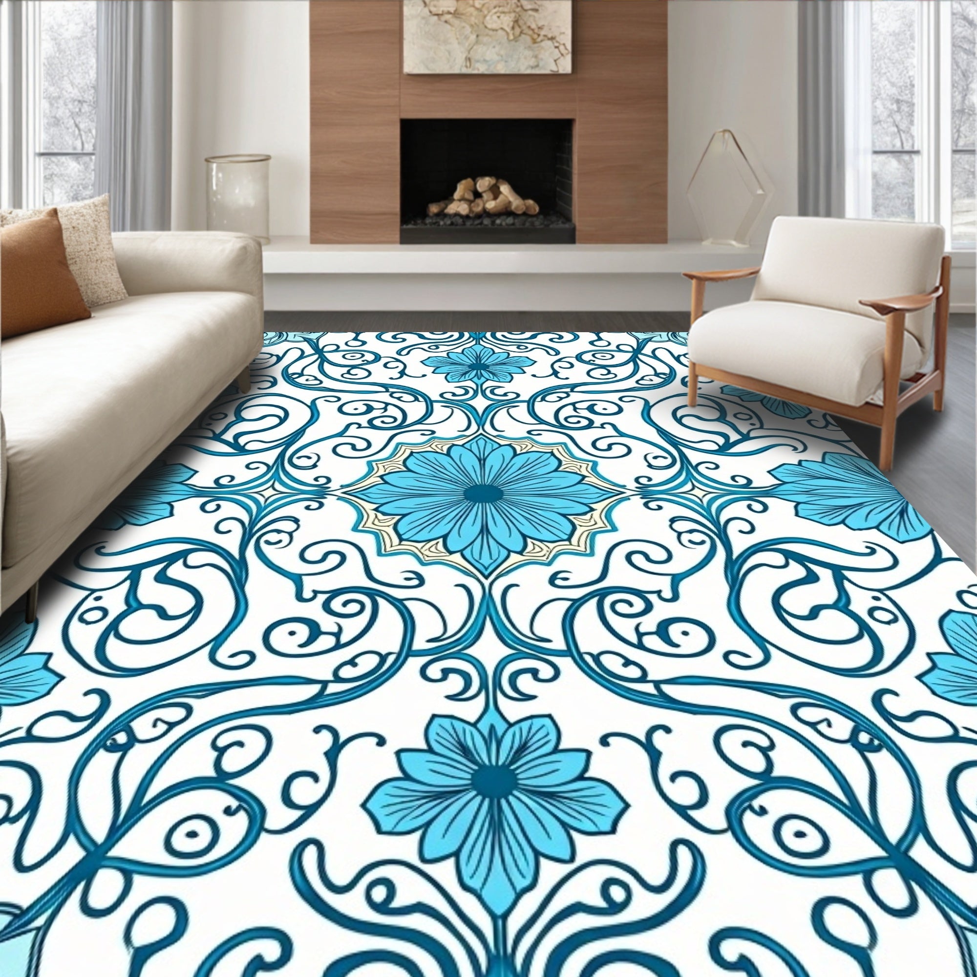 Blue Floral Swirls Pattern Rug