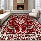 Ornate Red Cream Scroll Pattern Rug
