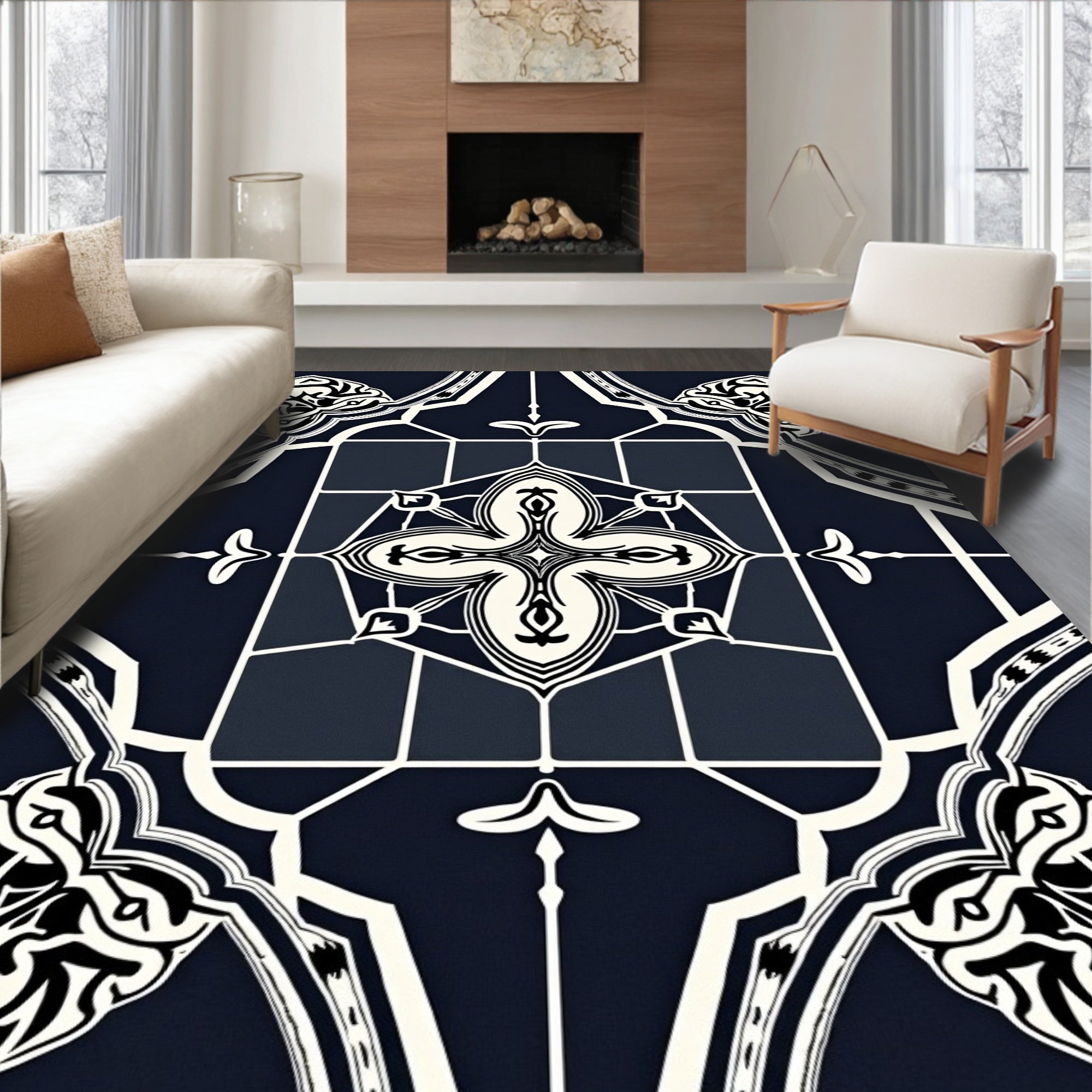 Dark Navy Cream Geometric Floral Medallion Rug