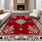 Rich Red Floral Scroll Border Design Rug
