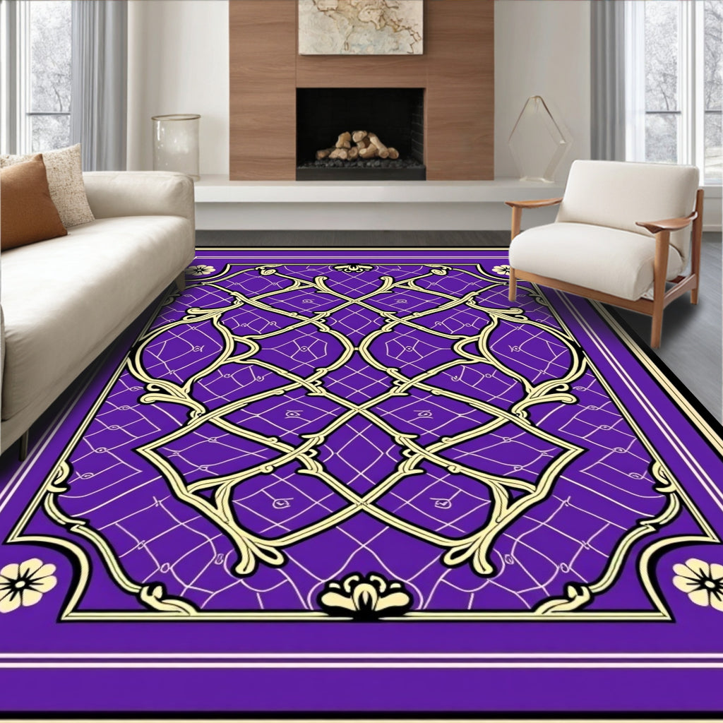 Intricate Purple Gold Lattice Design Rug