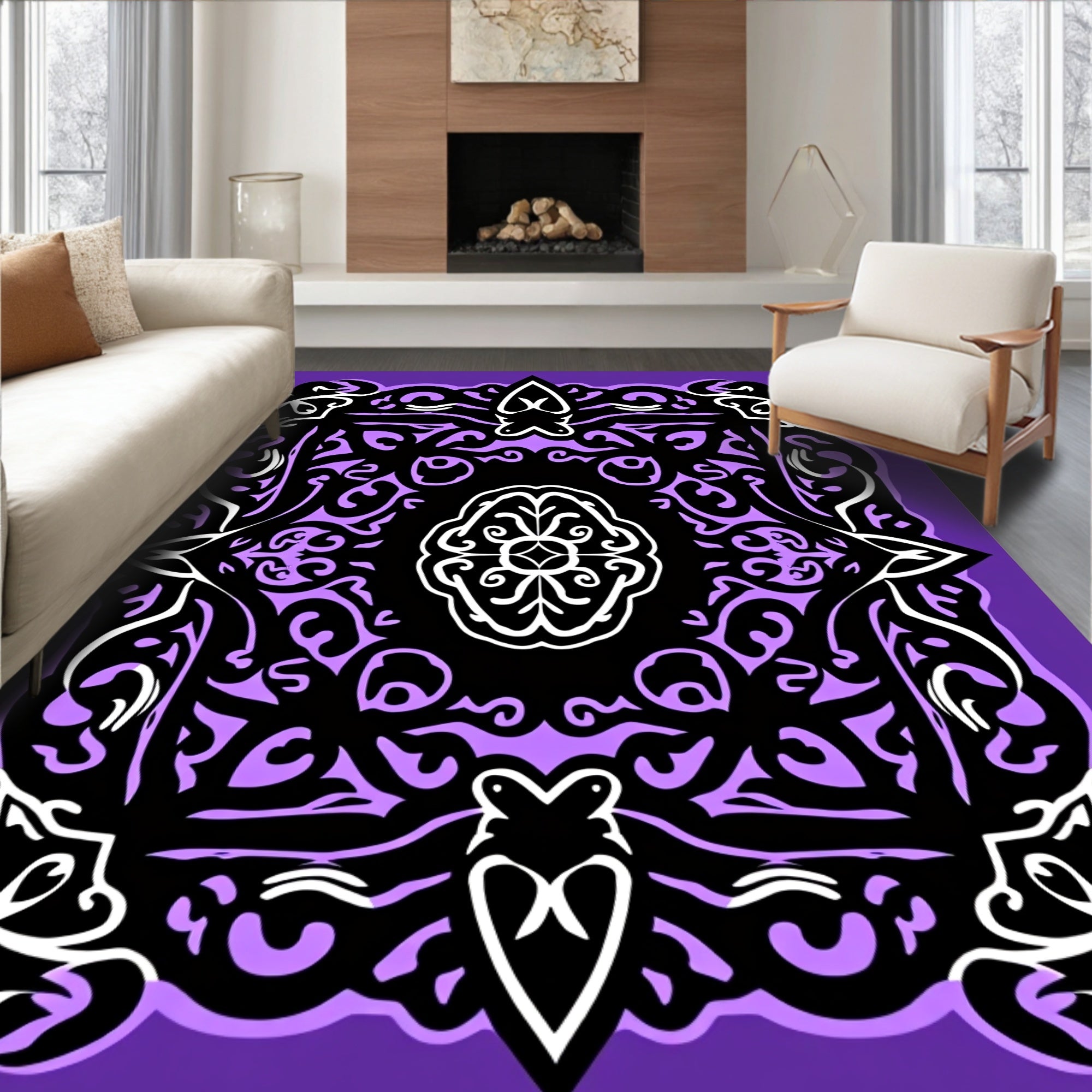 Ornate Purple Black Scroll Pattern Rug