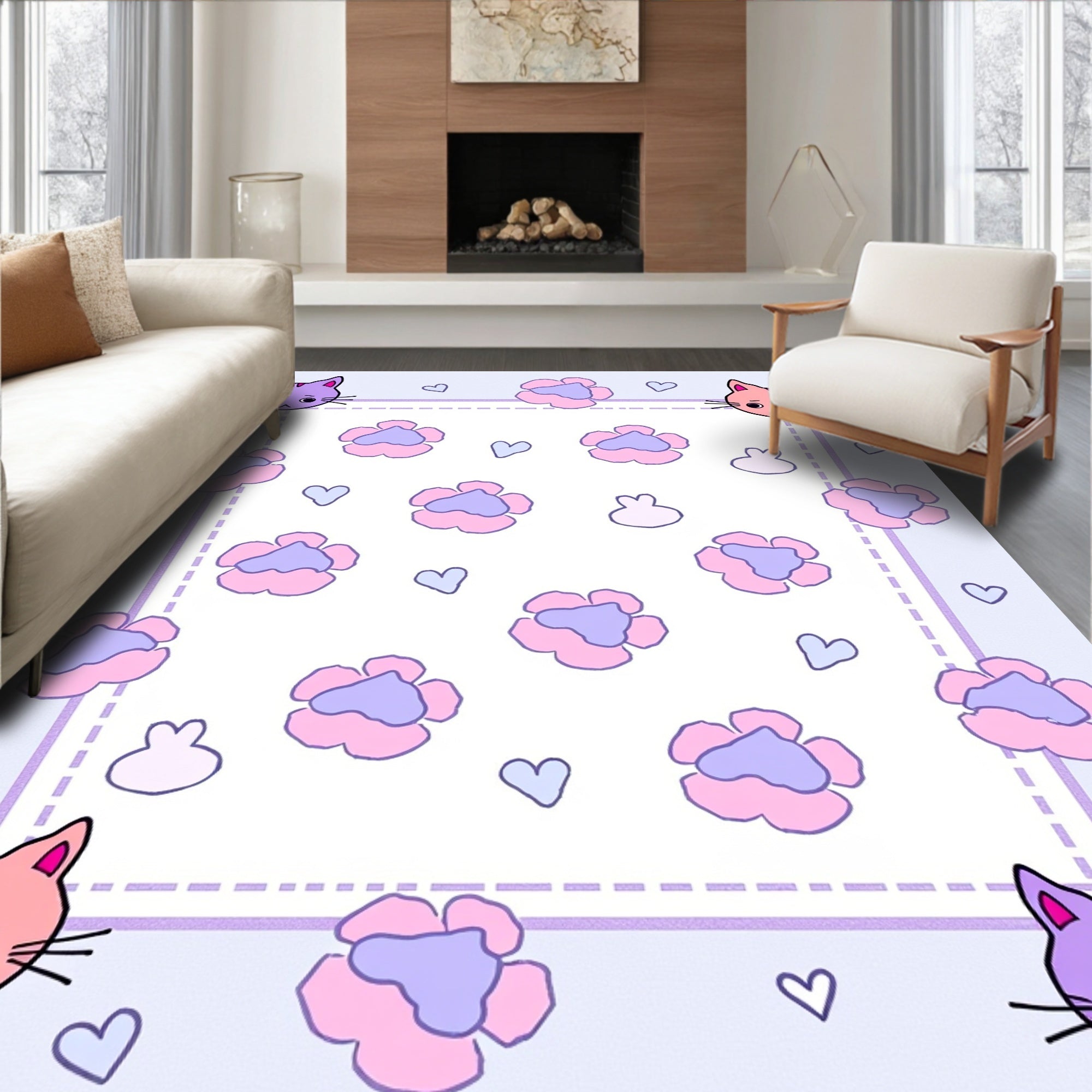 Cute Cat Flower Pattern Rug