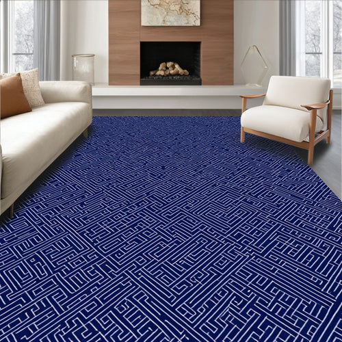 Abstract Navy White Geometric Maze Rug