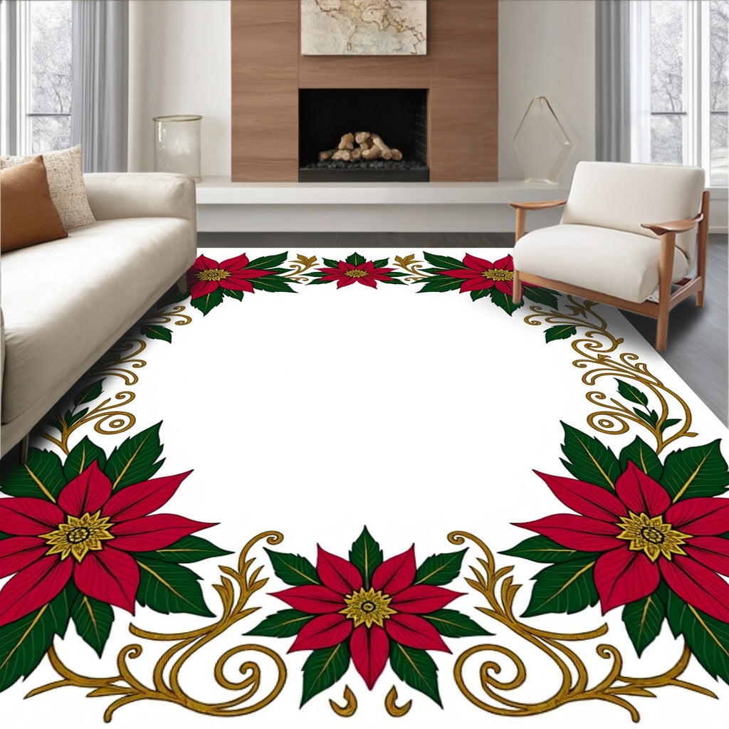 Festive Red Poinsettia Scroll Border Rug