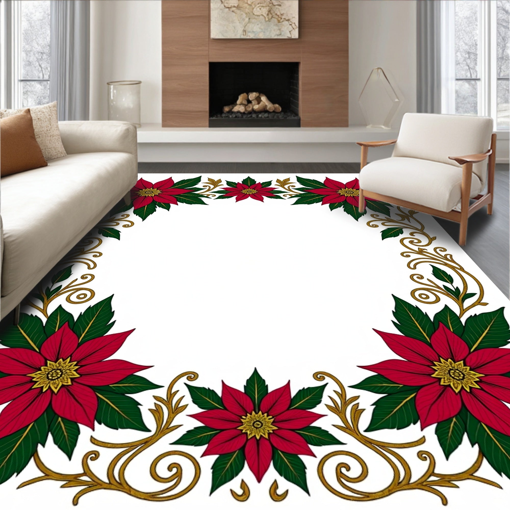 Festive Red Poinsettia Scroll Border Rug
