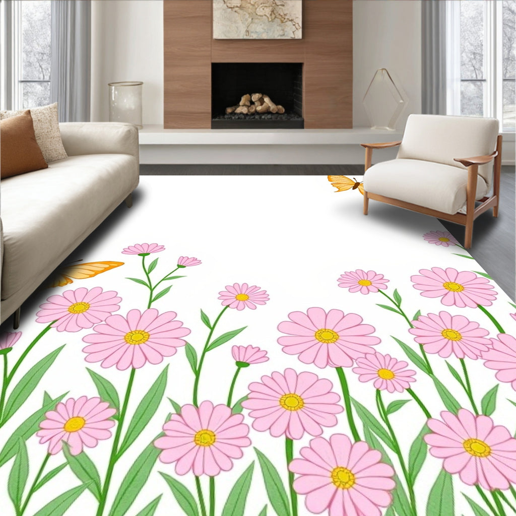 Pink Daisy Butterflies Garden Pattern Rug