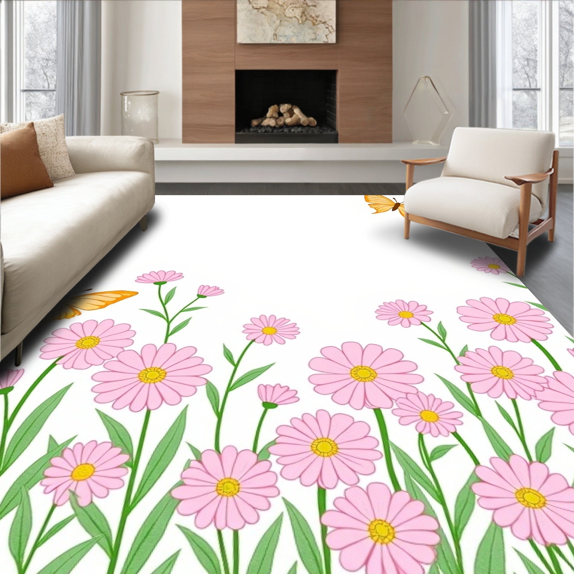 Pink Daisy Butterflies Garden Pattern Rug