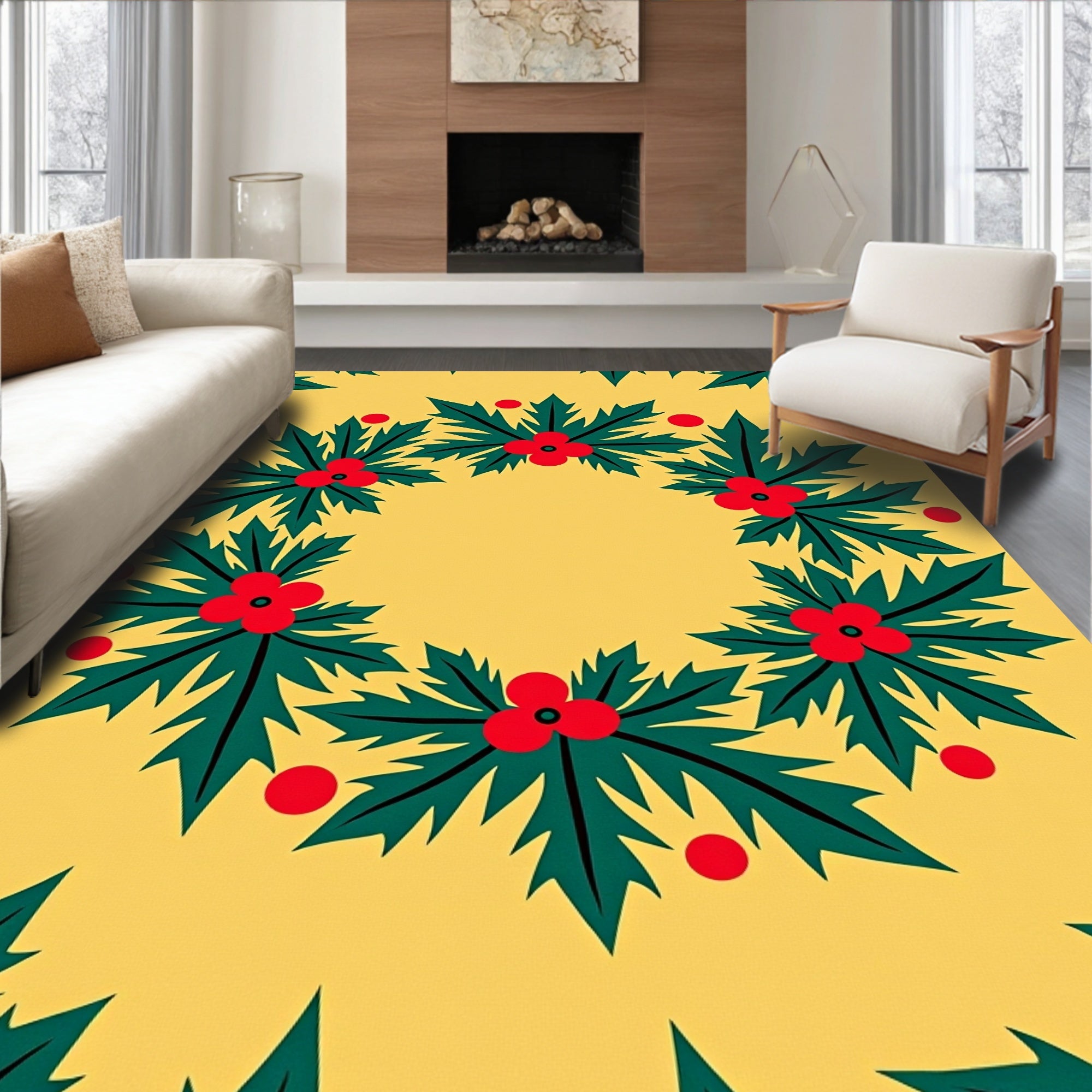 Festive Holly Leaf Berry Pattern Rug