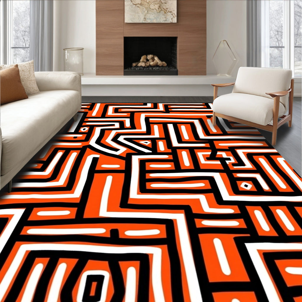 Bold Orange Geometric Maze Pattern Rug