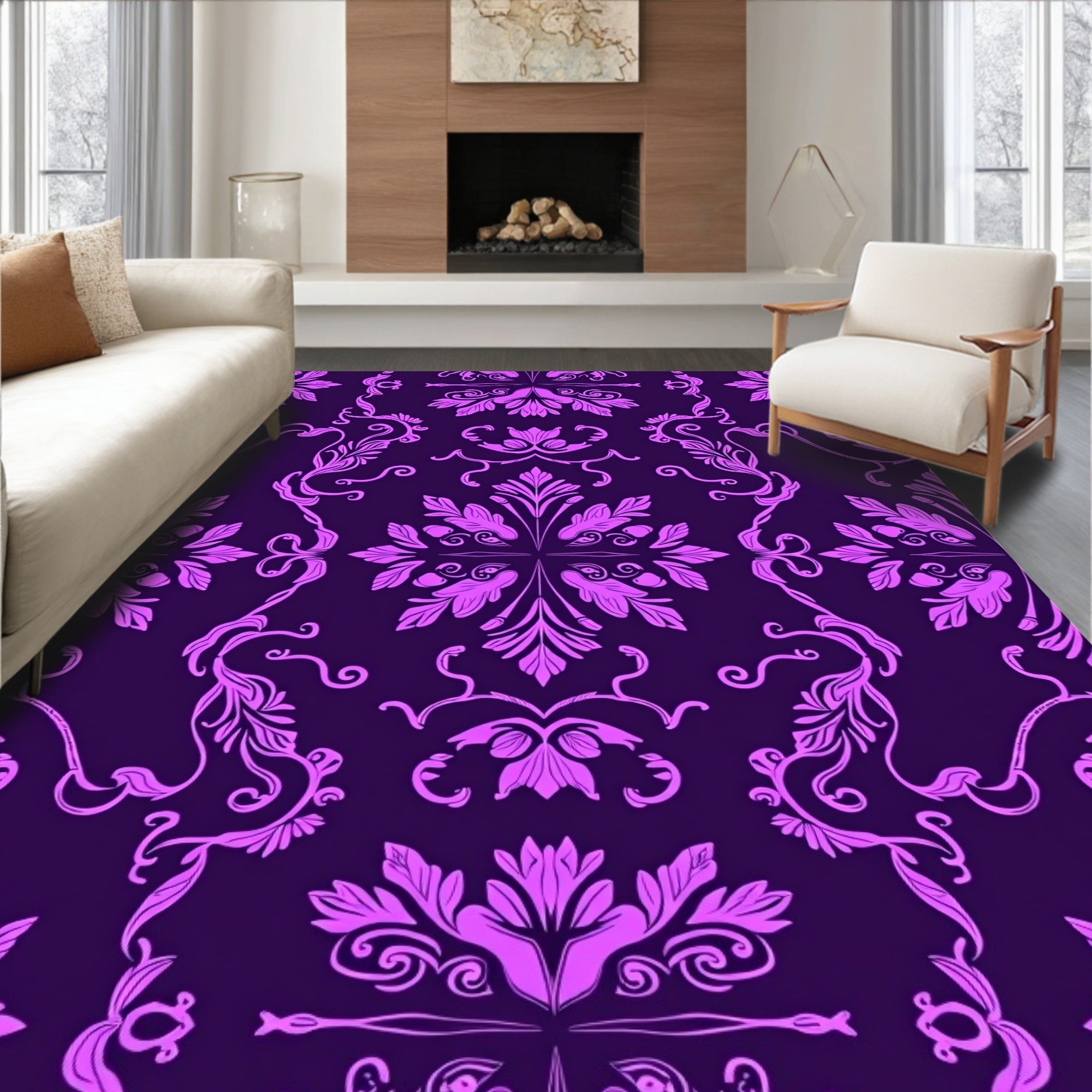 Ornate Pink Floral Damask Pattern Rug