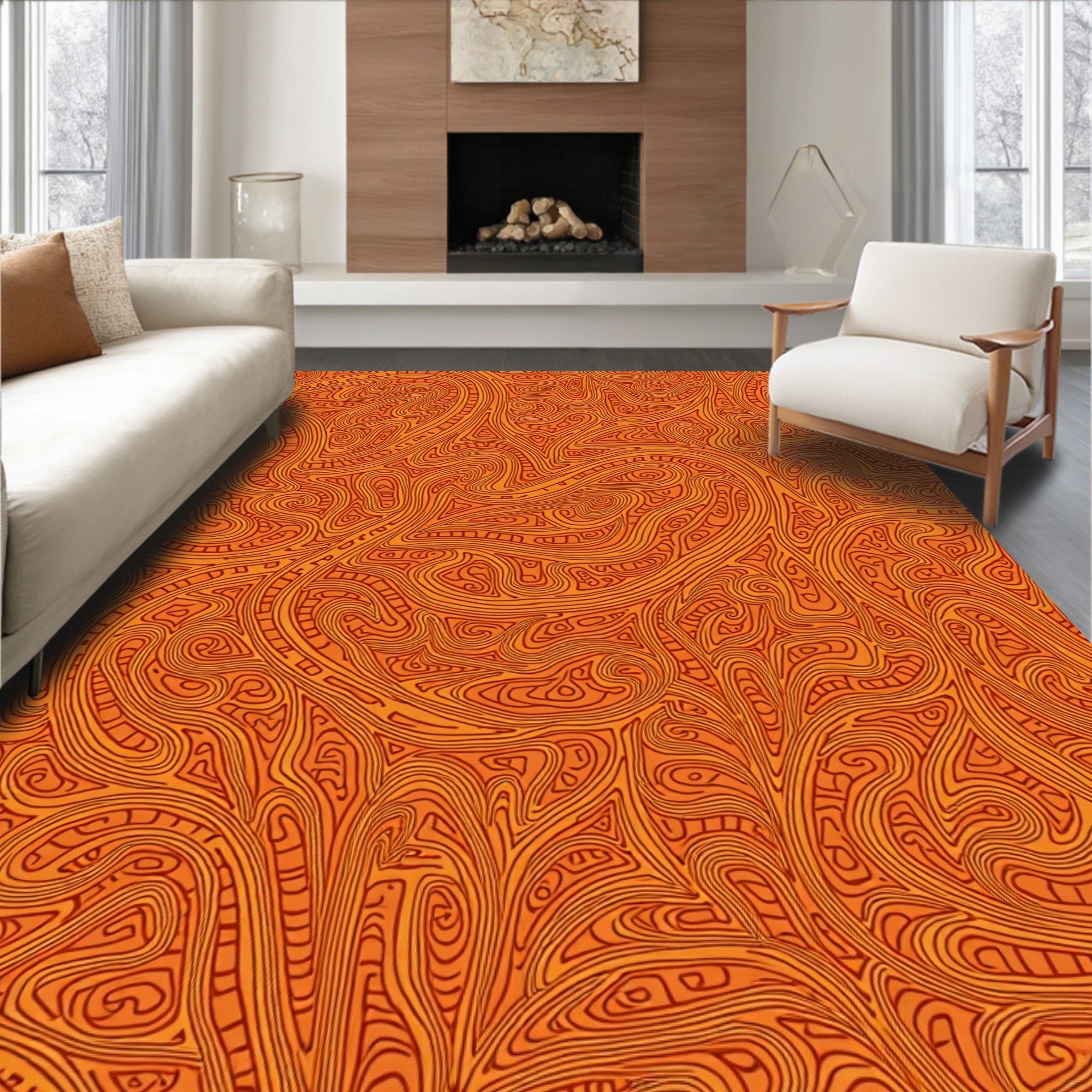 Intricate Swirls Orange Pattern Rug