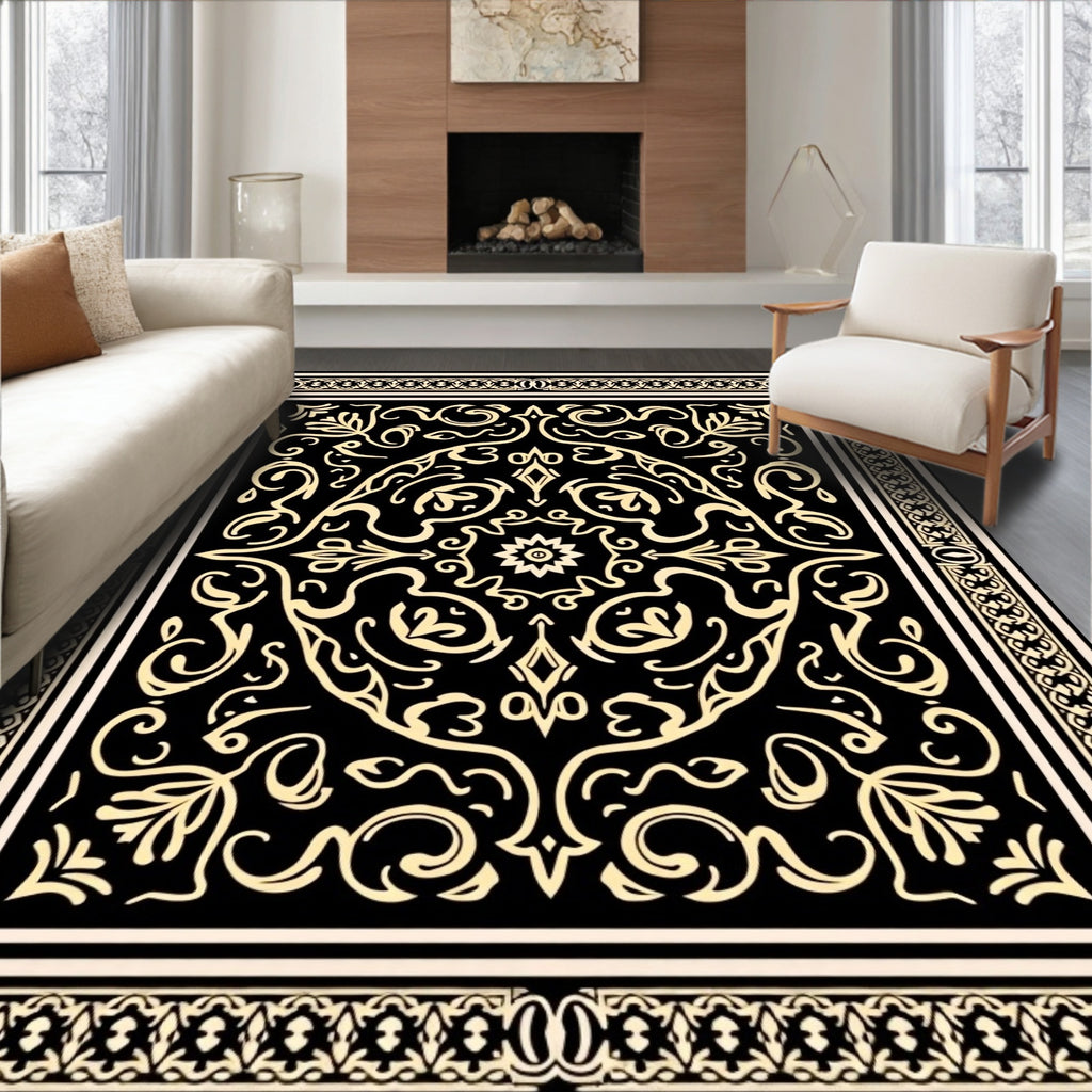 Ornate Black Gold Scrollwork Pattern Rug