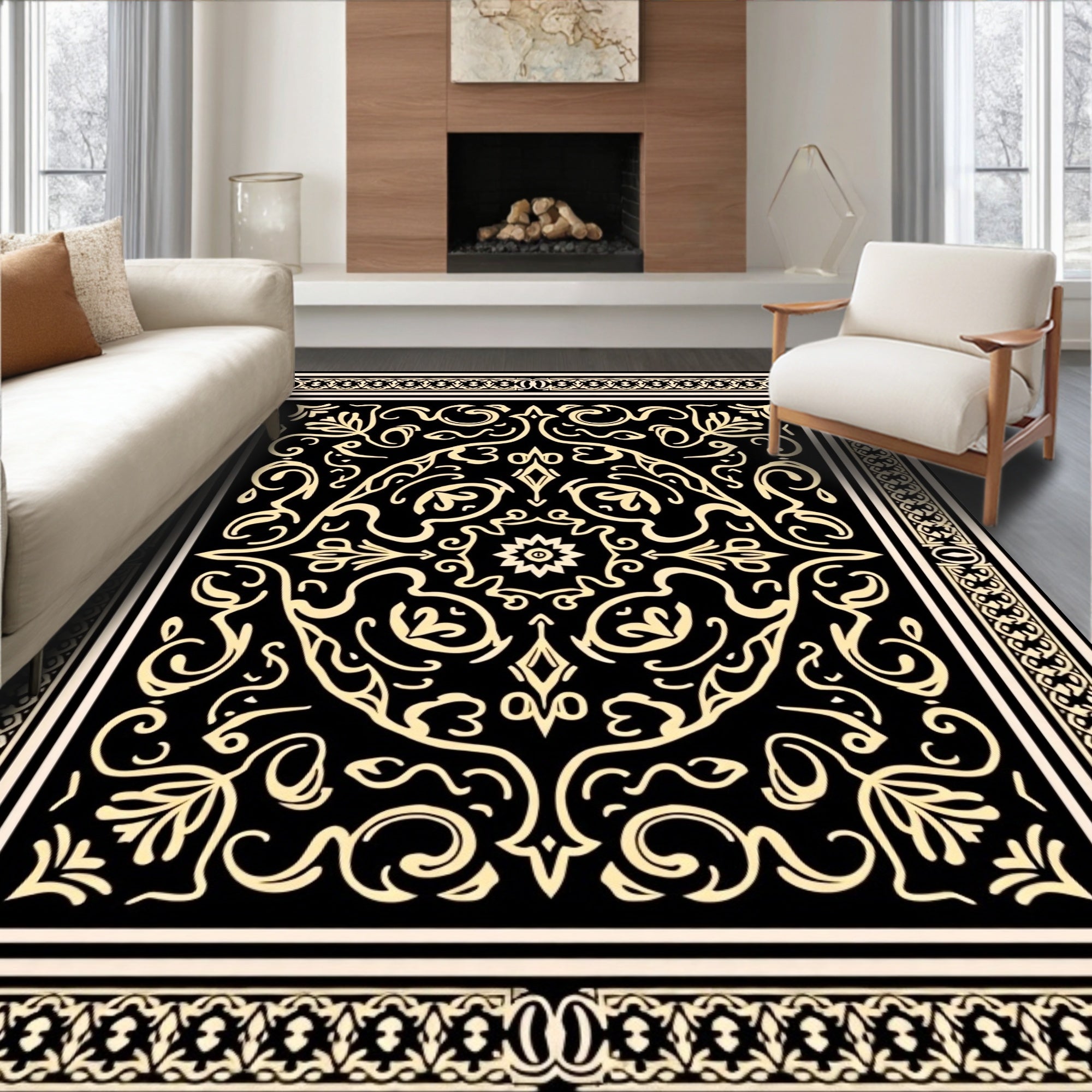 Ornate Black Gold Scrollwork Pattern Rug