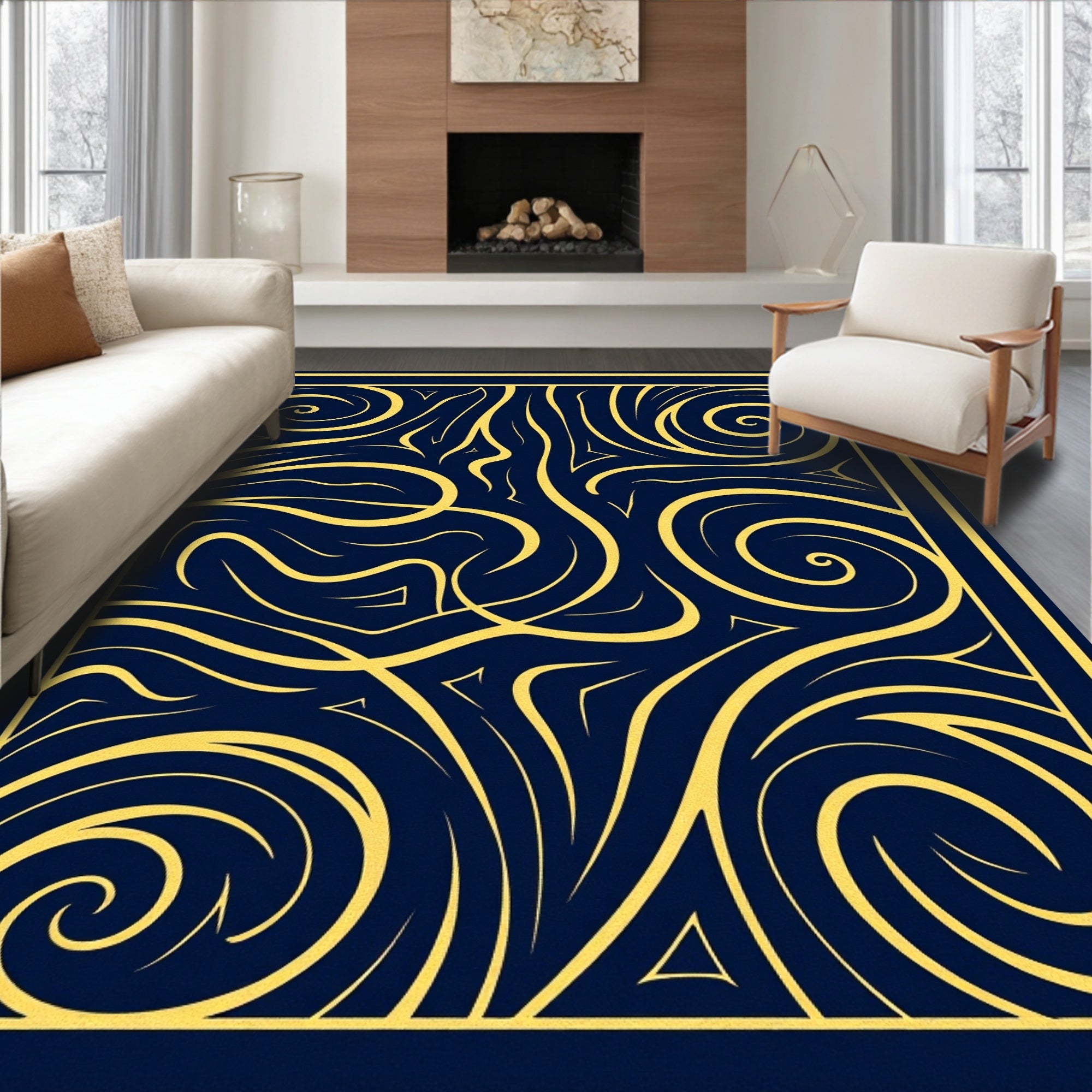Abstract Swirls Blue Gold Design Rug