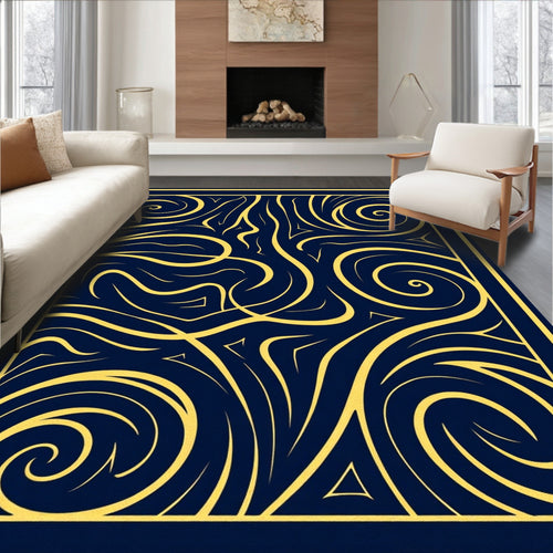Abstract Swirls Blue Gold Design Rug