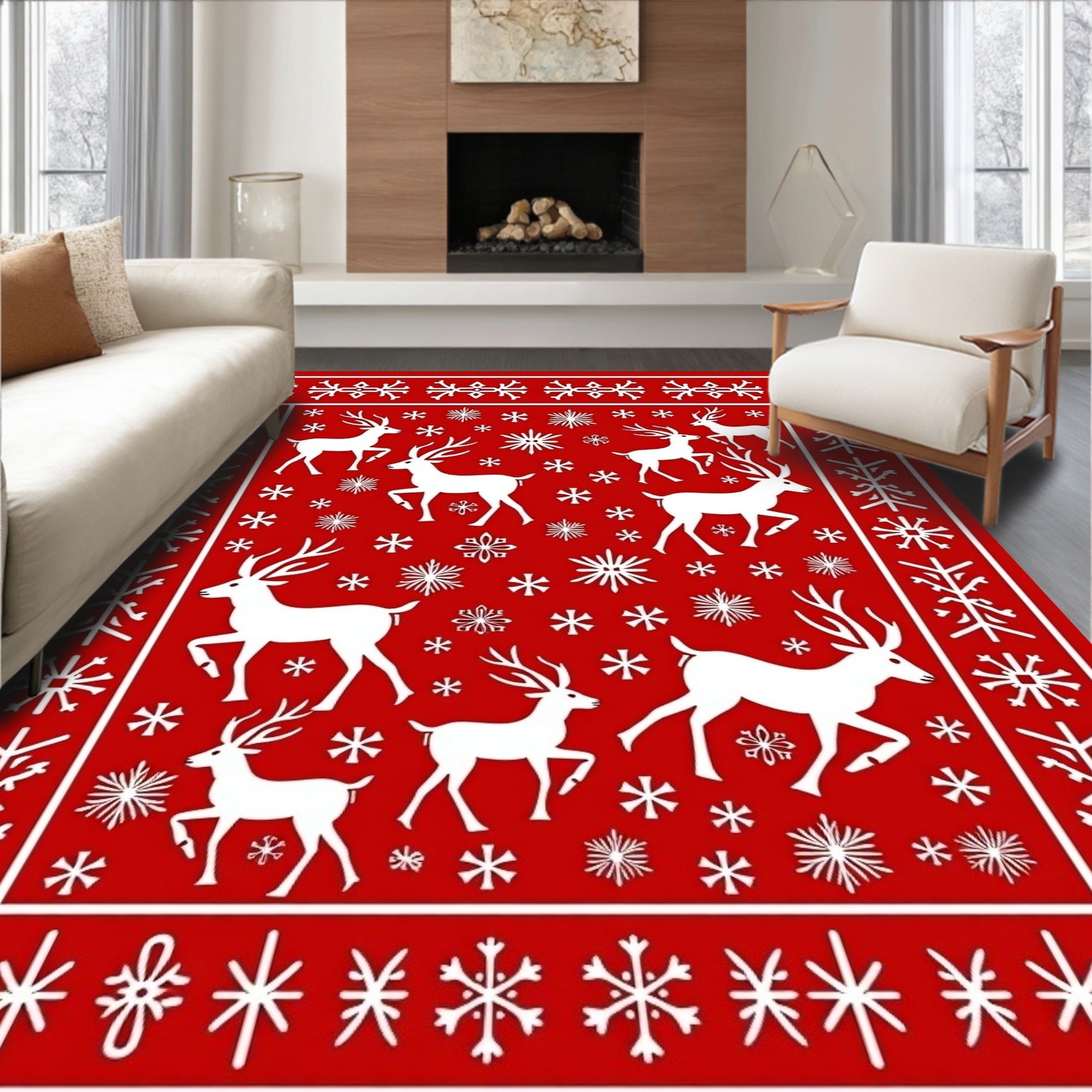 Red Reindeer Snowflake Folk Art Rug