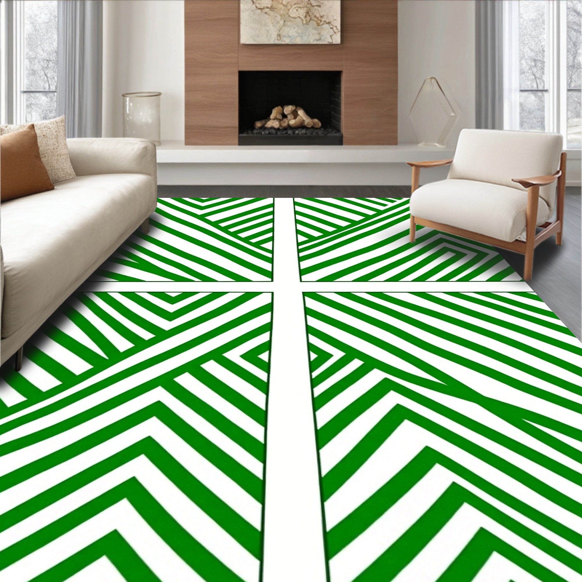 Green And White Abstract Geometric Design Rug