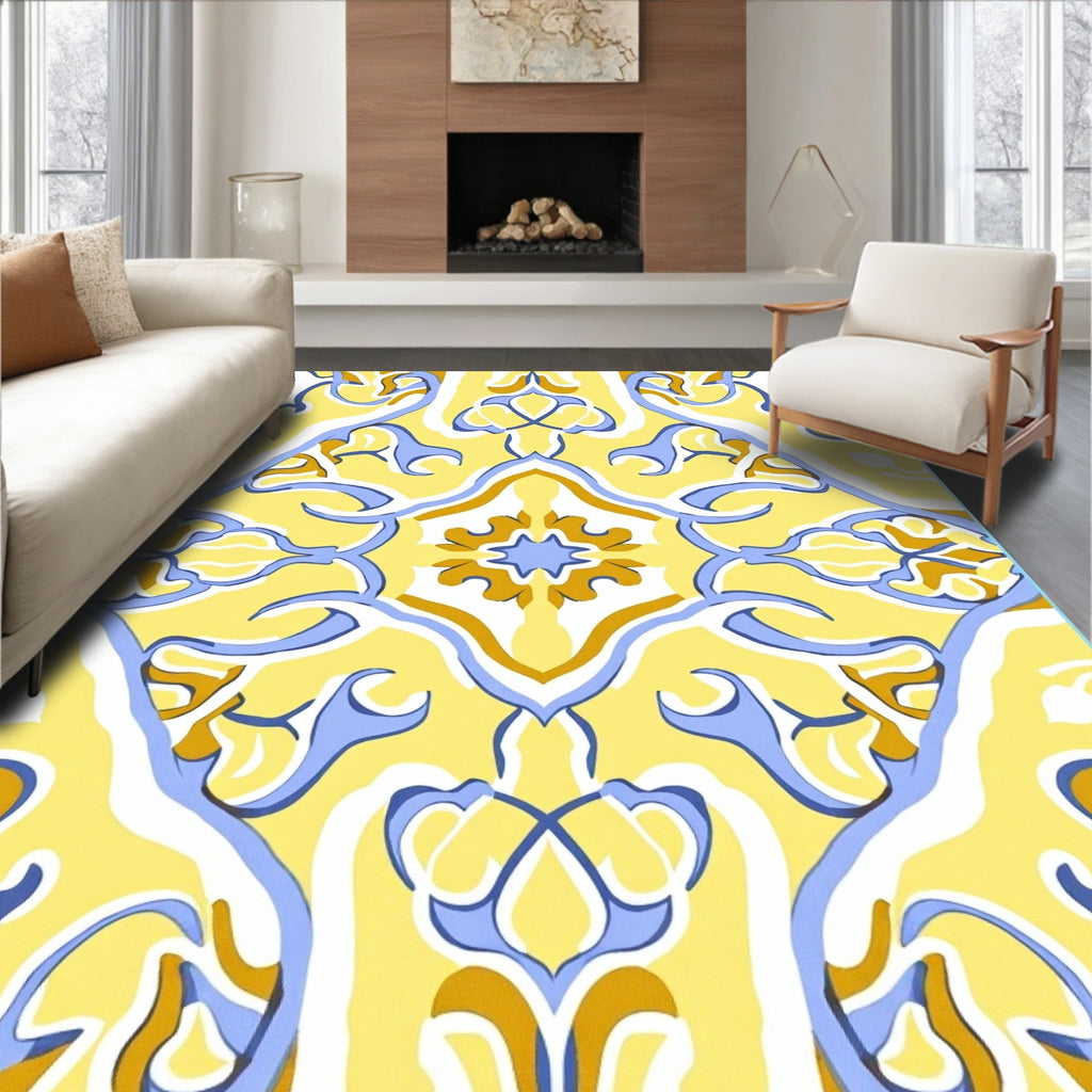 Sunny Yellow Blue Swirl Pattern Rug