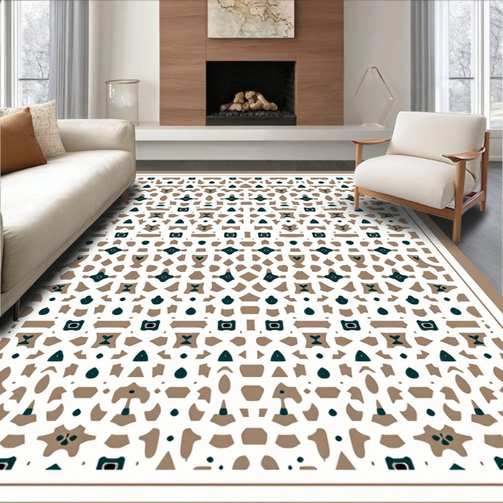 Teal And Tan Intricate Geometric Rug