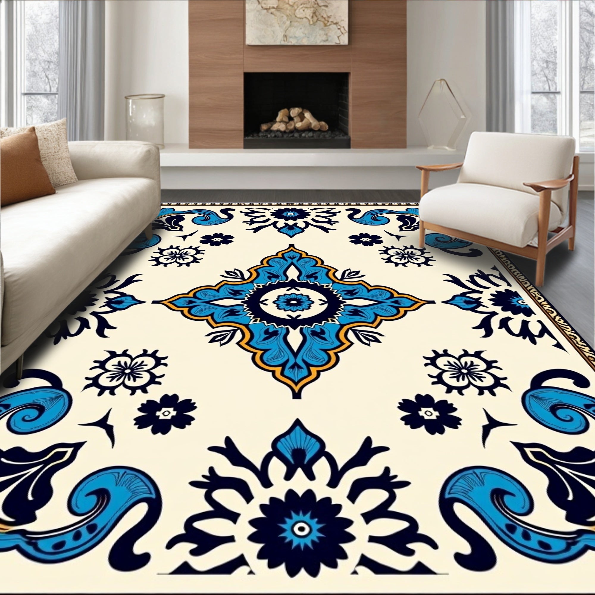 Ornate Blue Gold Floral Scrollwork Pattern Rug