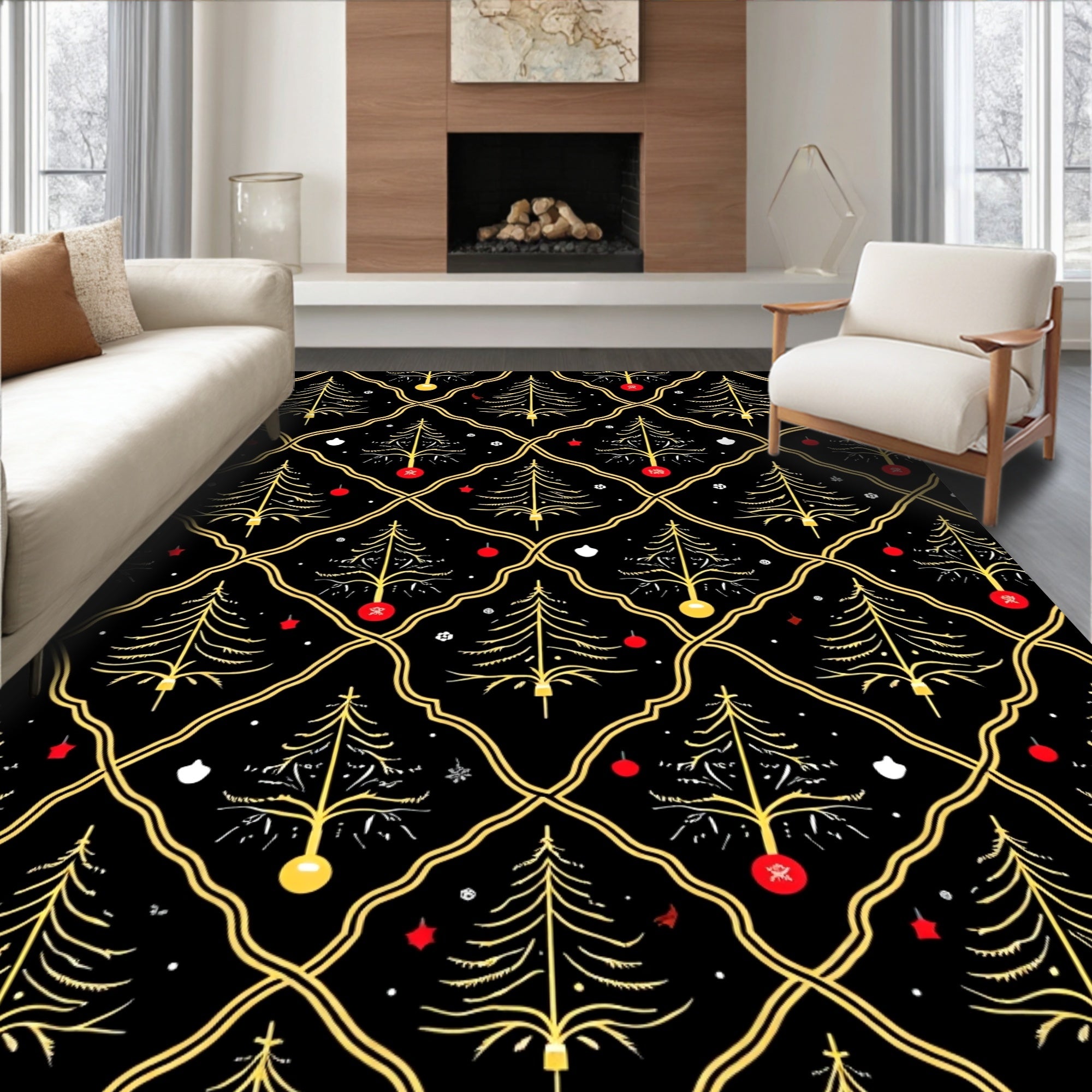 Golden Christmas Tree Trellis Abstraction Rug