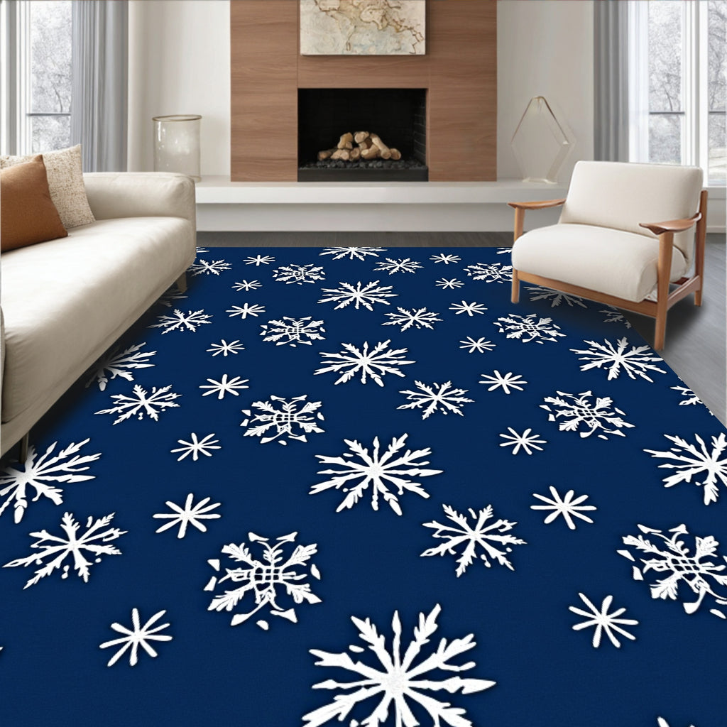 White Snowflakes Patterned Blue Rug