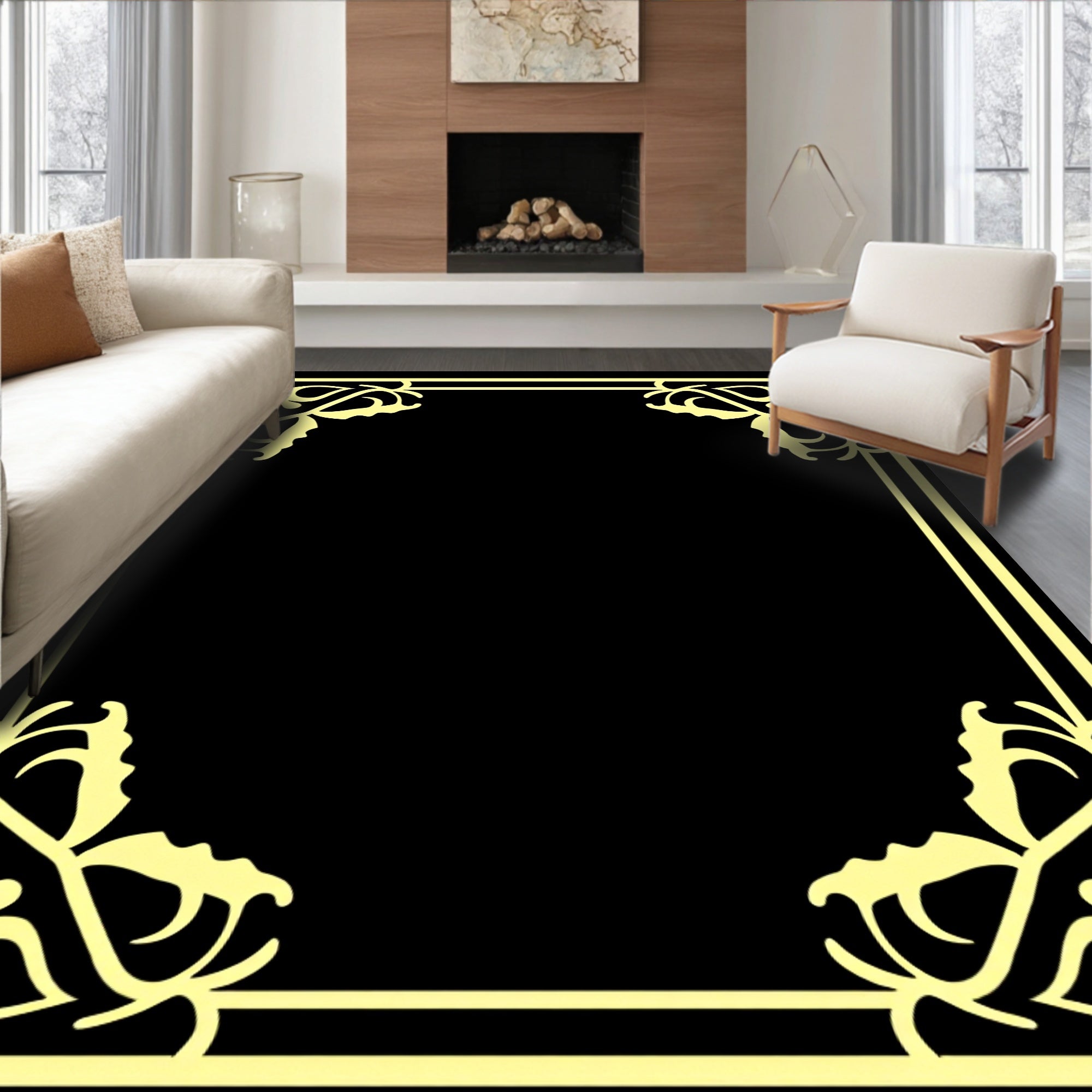 Elegant Floral Scrollwork Border Rug