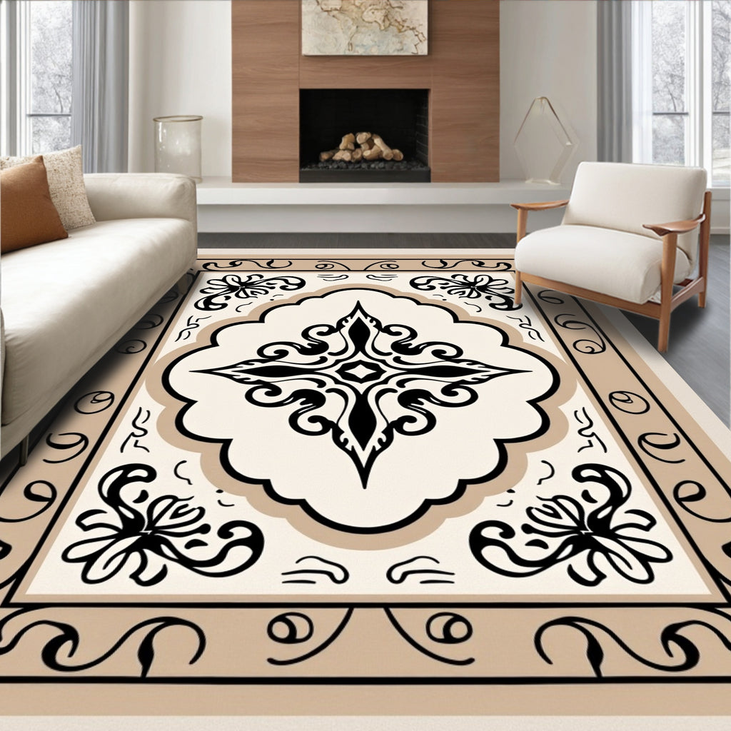 Ornate Black and Tan Medallion Rug