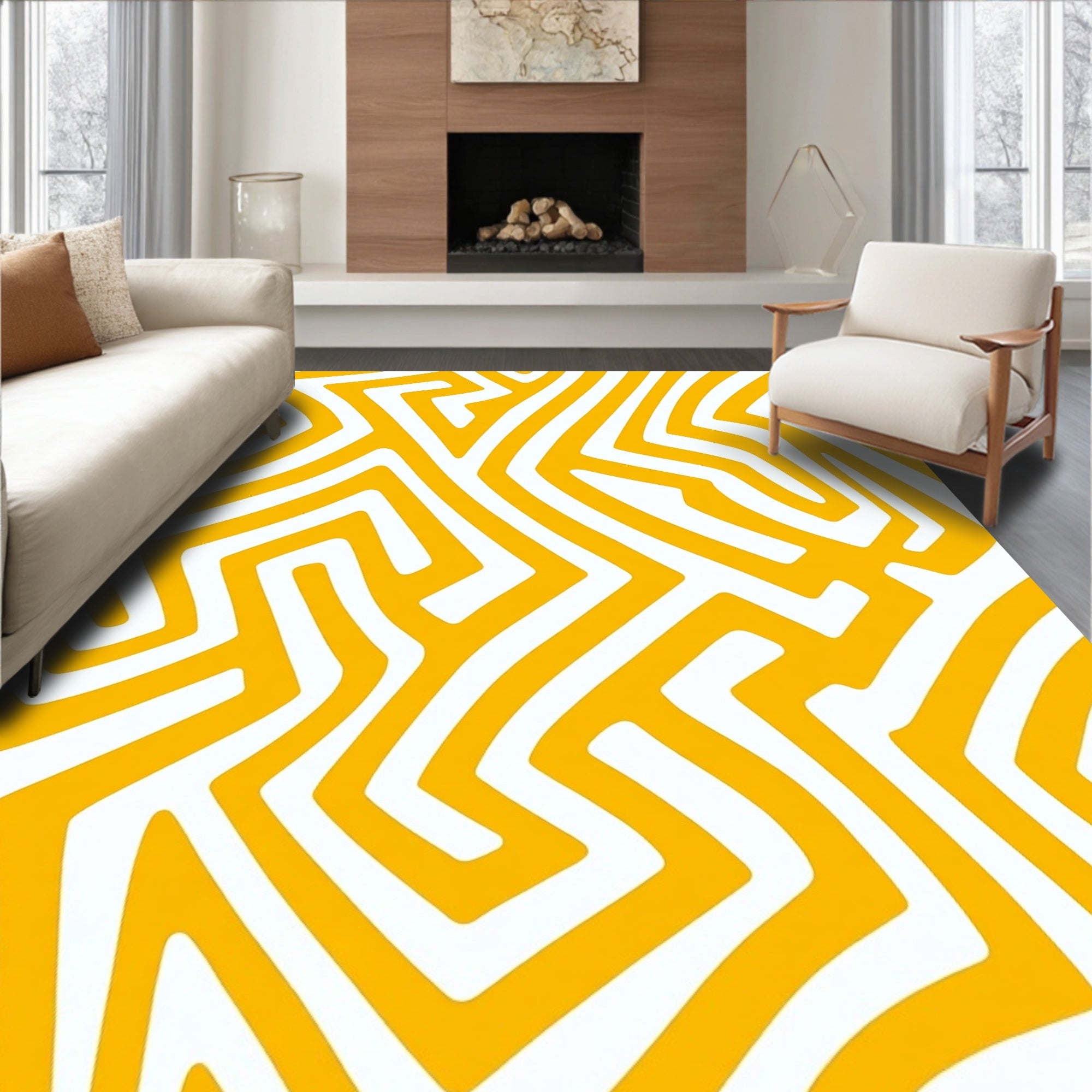 Bold Yellow Geometric Maze Pattern Rug