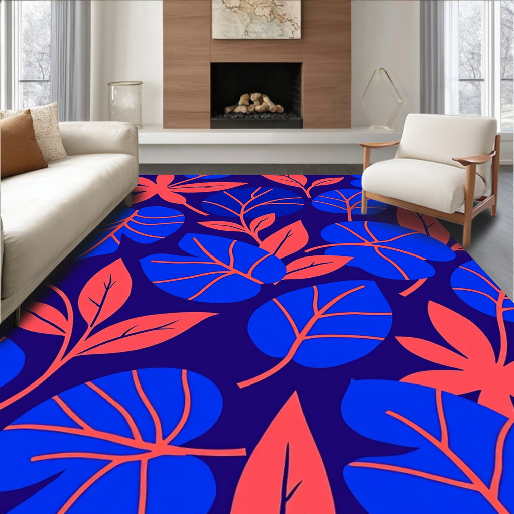 Tropical Leaf Pattern Red Blue Rug