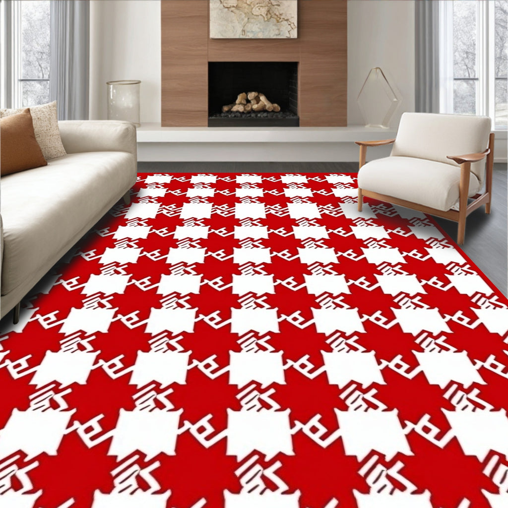Classic Houndstooth Red White Pattern Rug