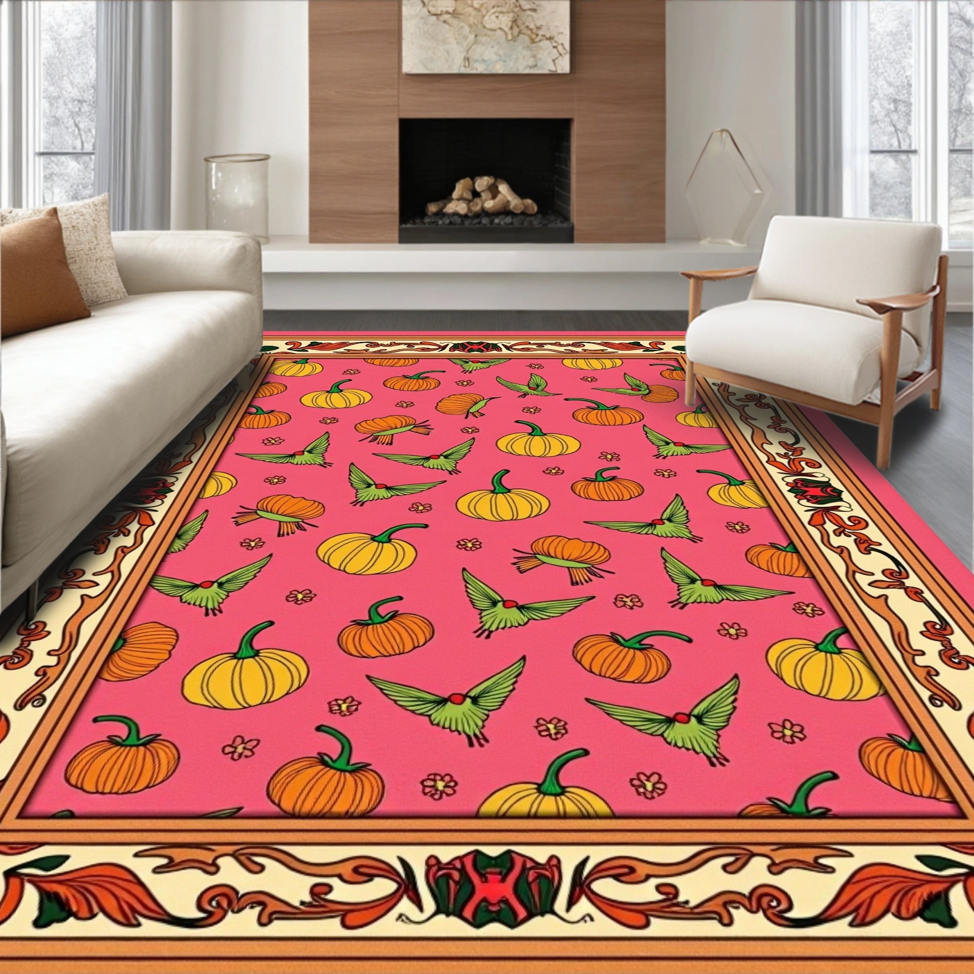 Whimsical Pumpkin Bird Pattern Frame Rug