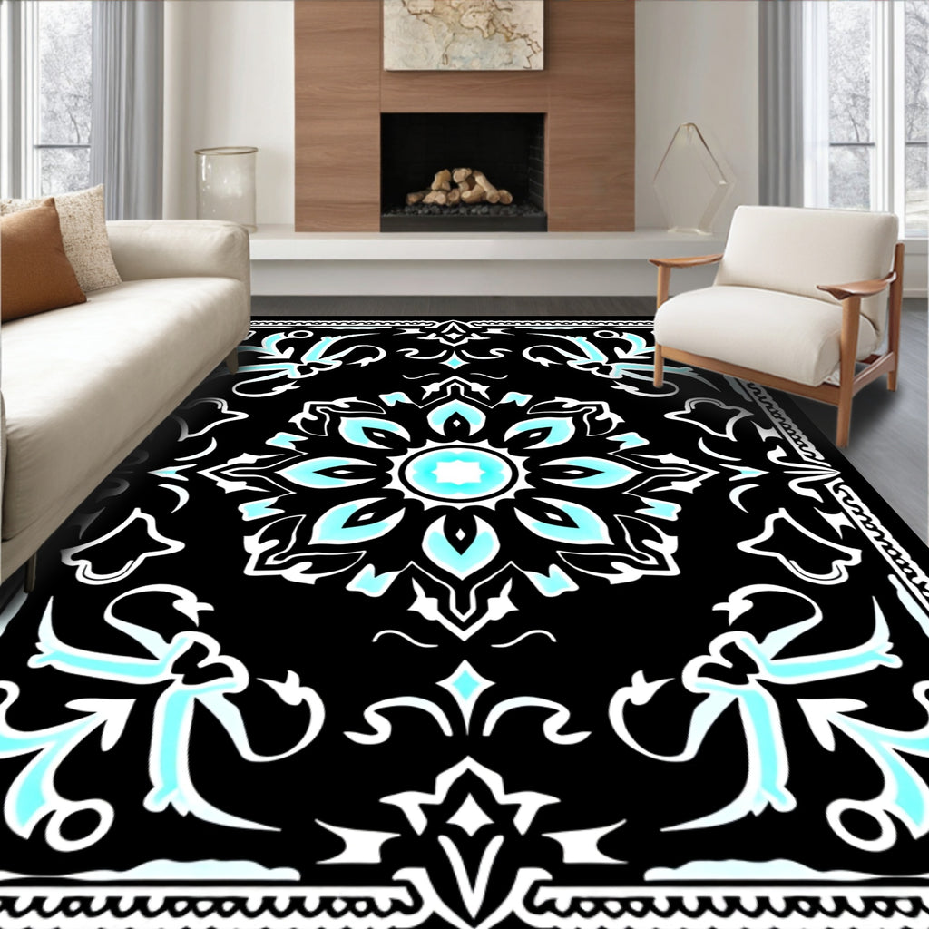 Black Teal Mandala Pattern Rug