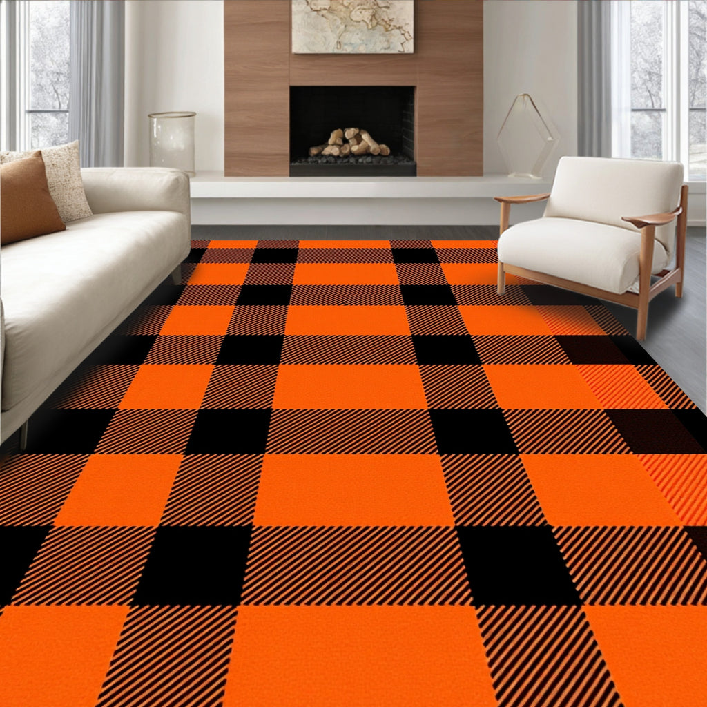 Bold Orange and Black Plaid Design Rug