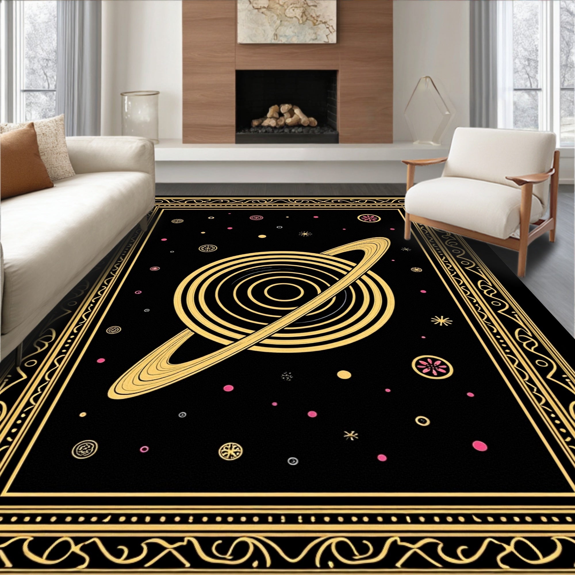 Striking Saturn and Stars Pattern Rug
