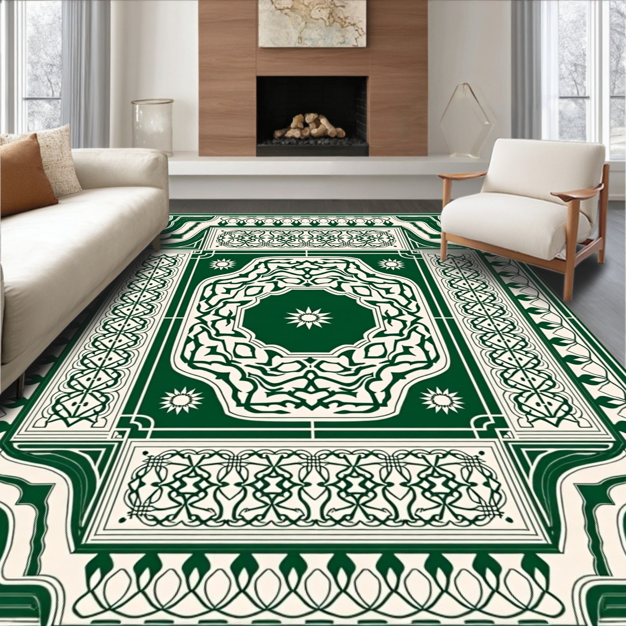 Intricate Emerald Green Medallion Pattern Rug