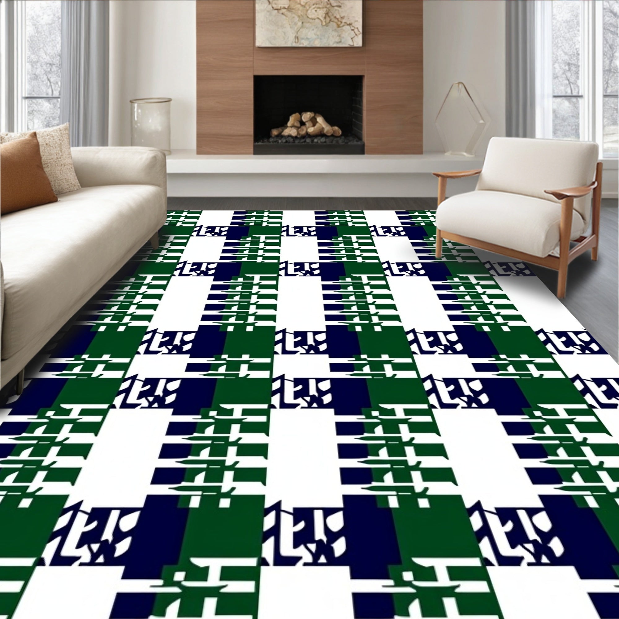 Bold Green Navy Plaid Design Rug