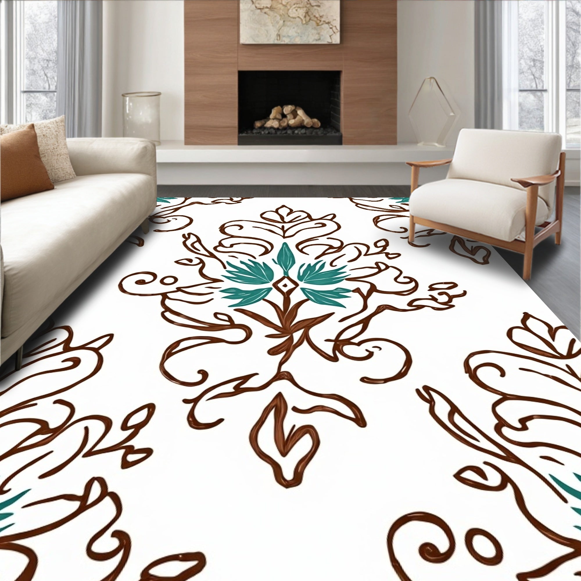 Brown Teal Floral Damask Pattern Rug