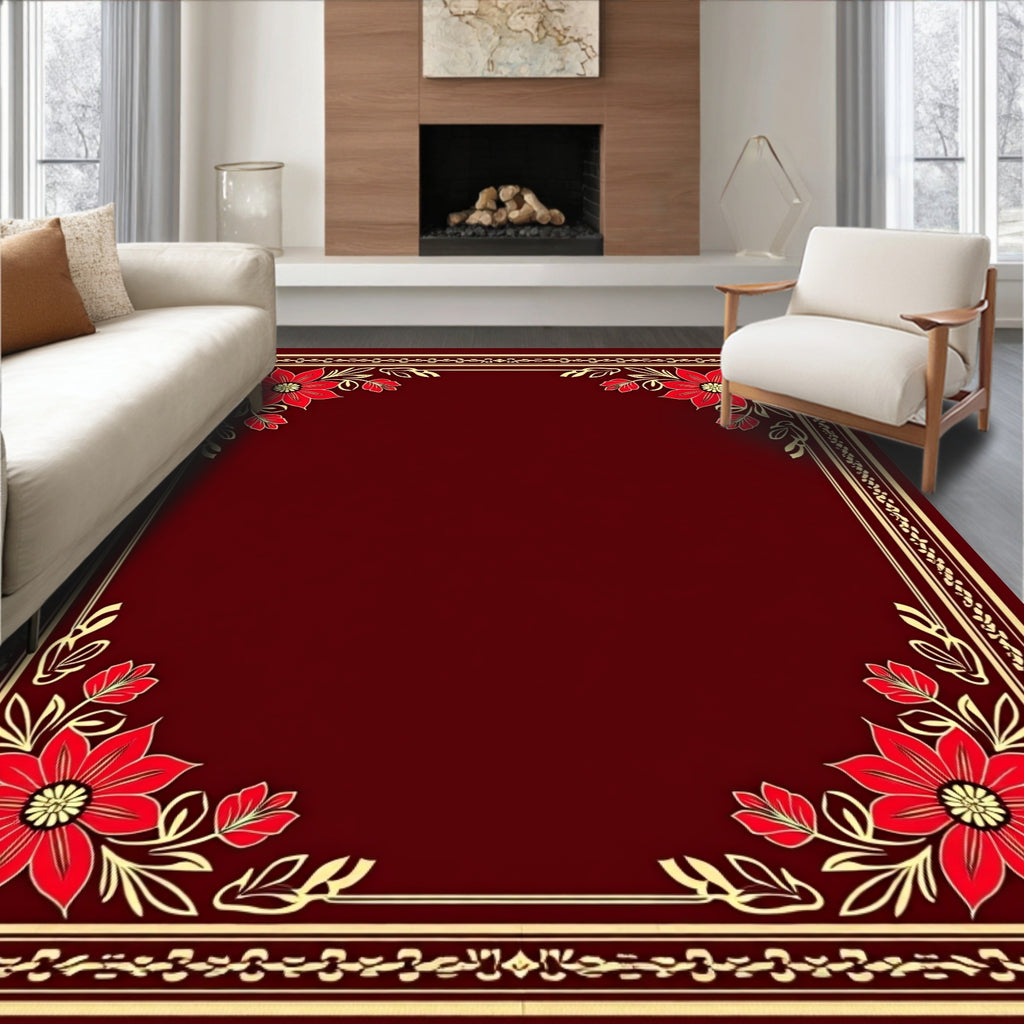 Ornate Red Floral Frame Design Rug