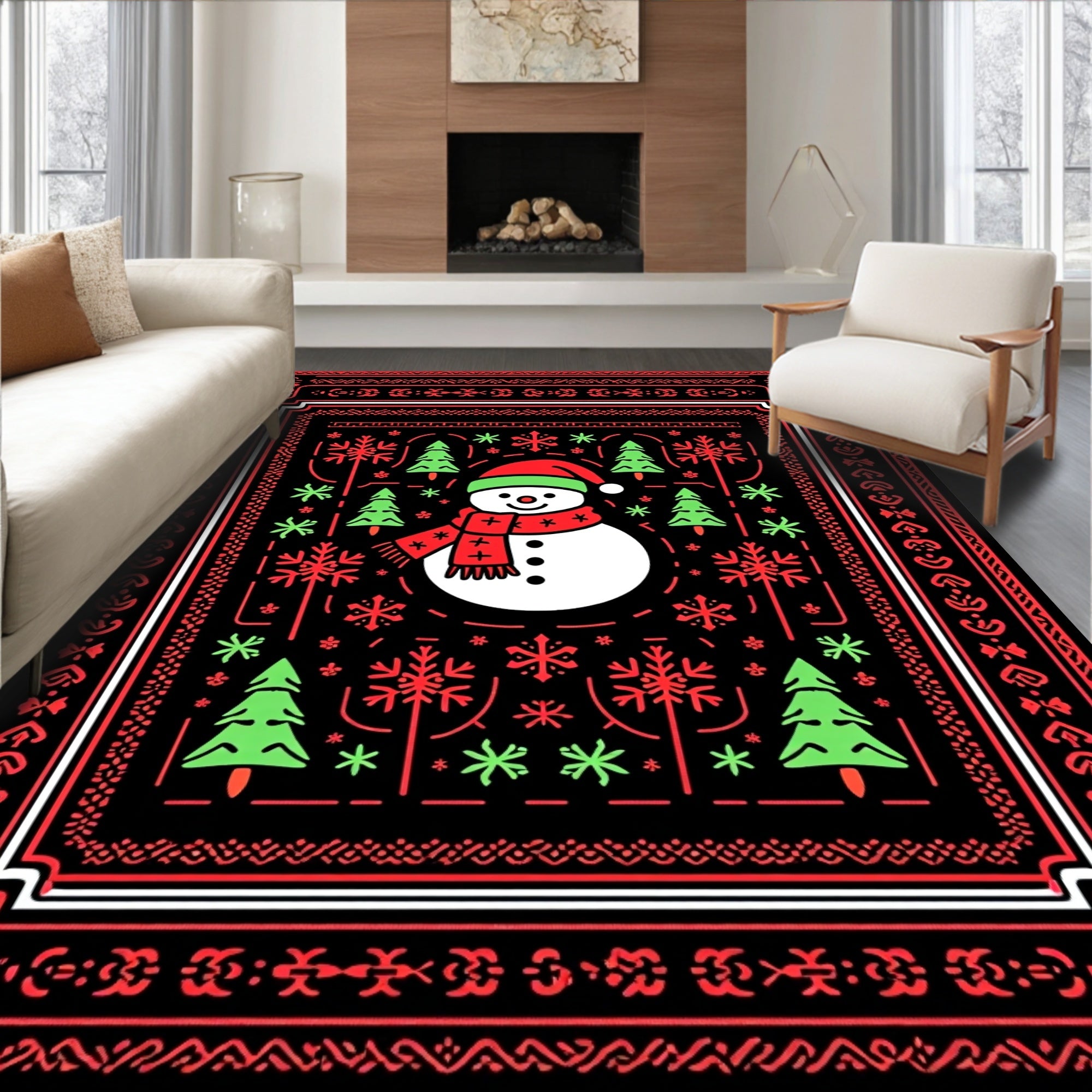 Festive Snowman and Trees Holiday Rug
