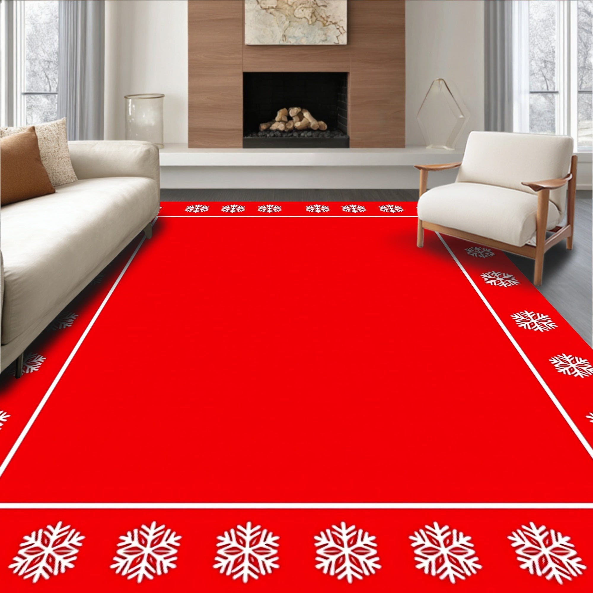 Red Snowflake Border Pattern Rug