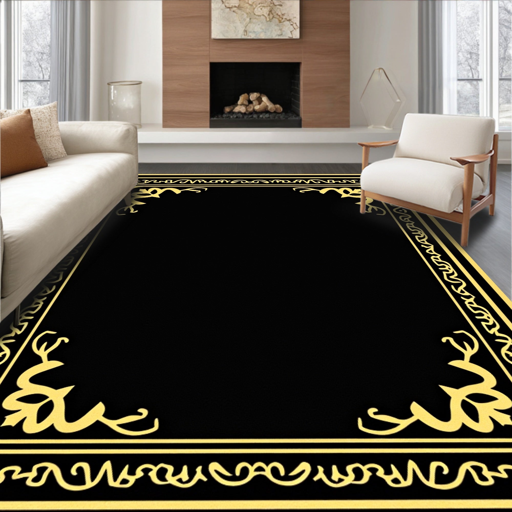 Black Gold Ornate Vintage Border Rug