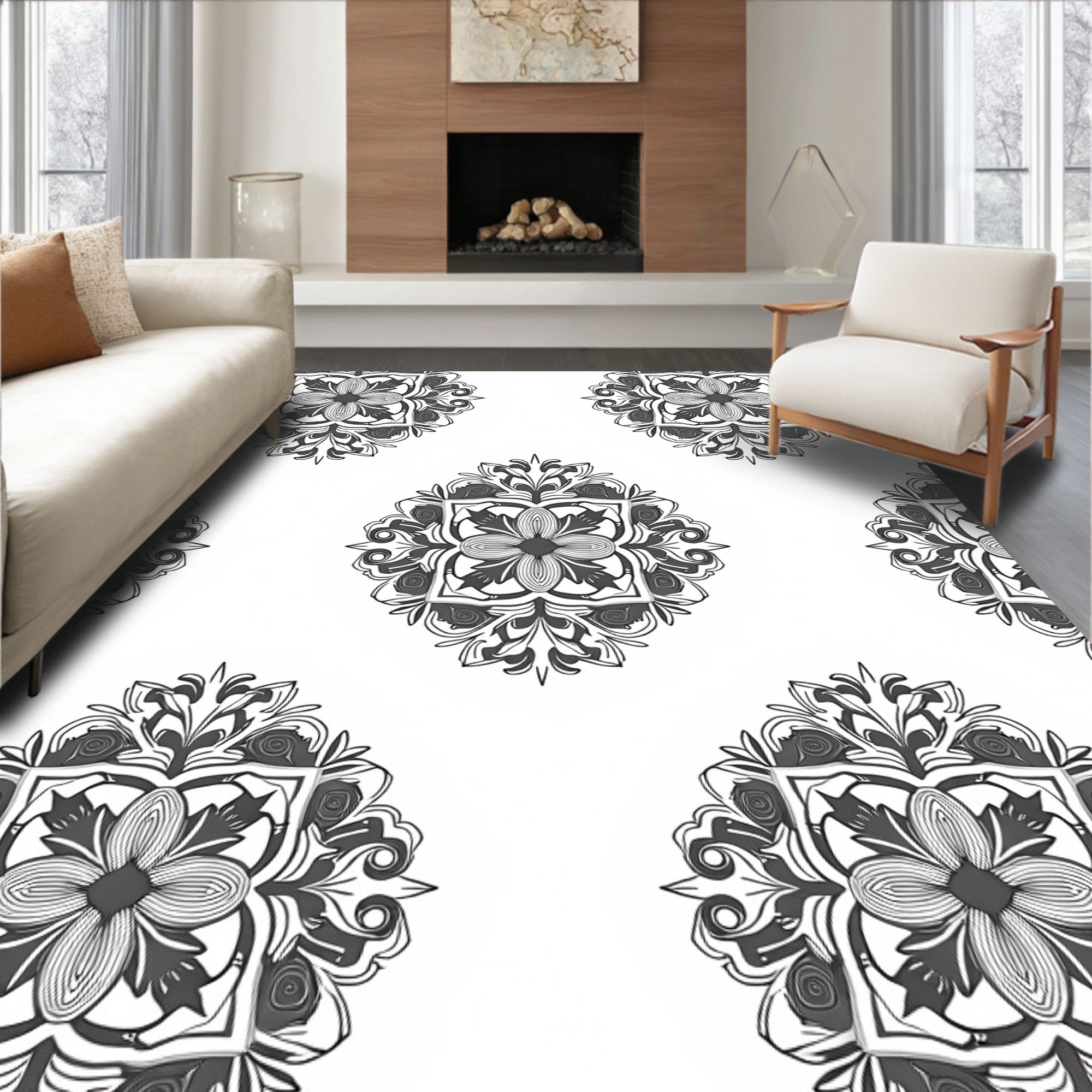 Monochrome Floral Medallion Pattern Rug