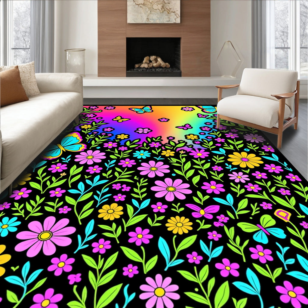 Whimsical Butterflies Neon Flowers Rug