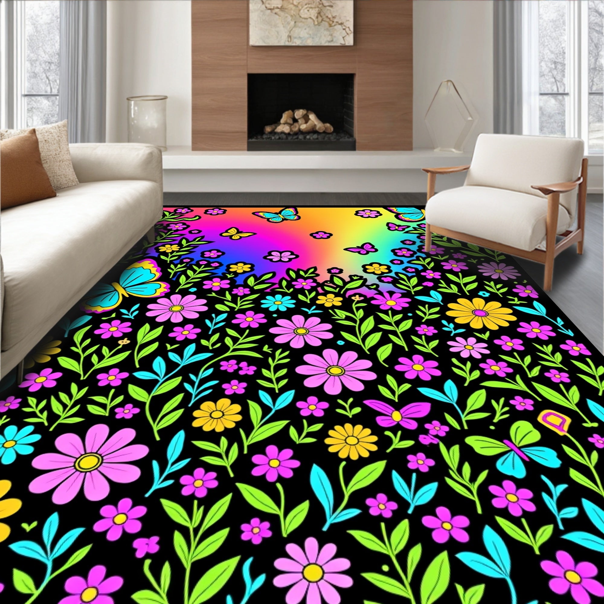 Whimsical Butterflies Neon Flowers Rug