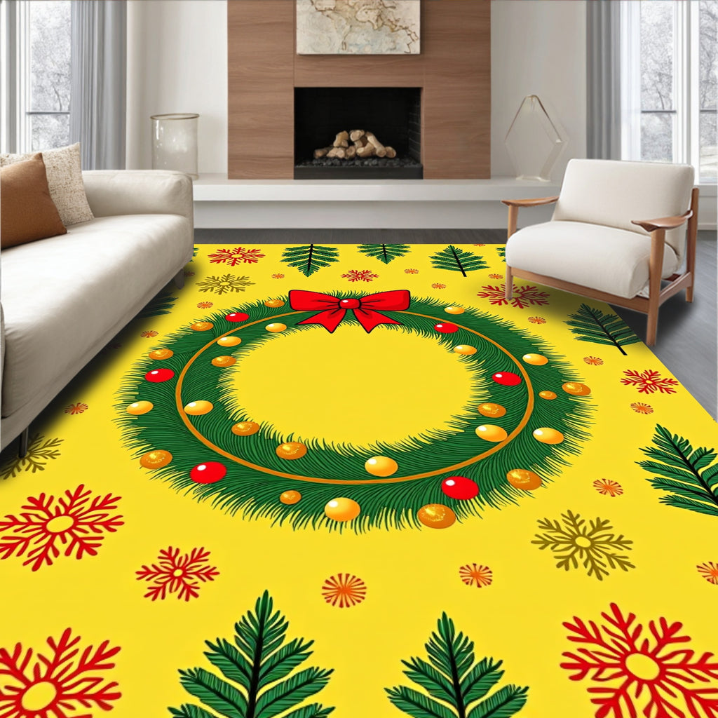 Festive Christmas Wreath Red Bow Snowflakes Rug