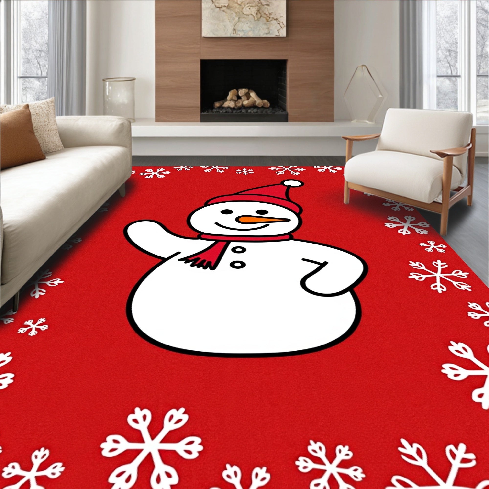 Cute Snowman With Snowflake Border Rug